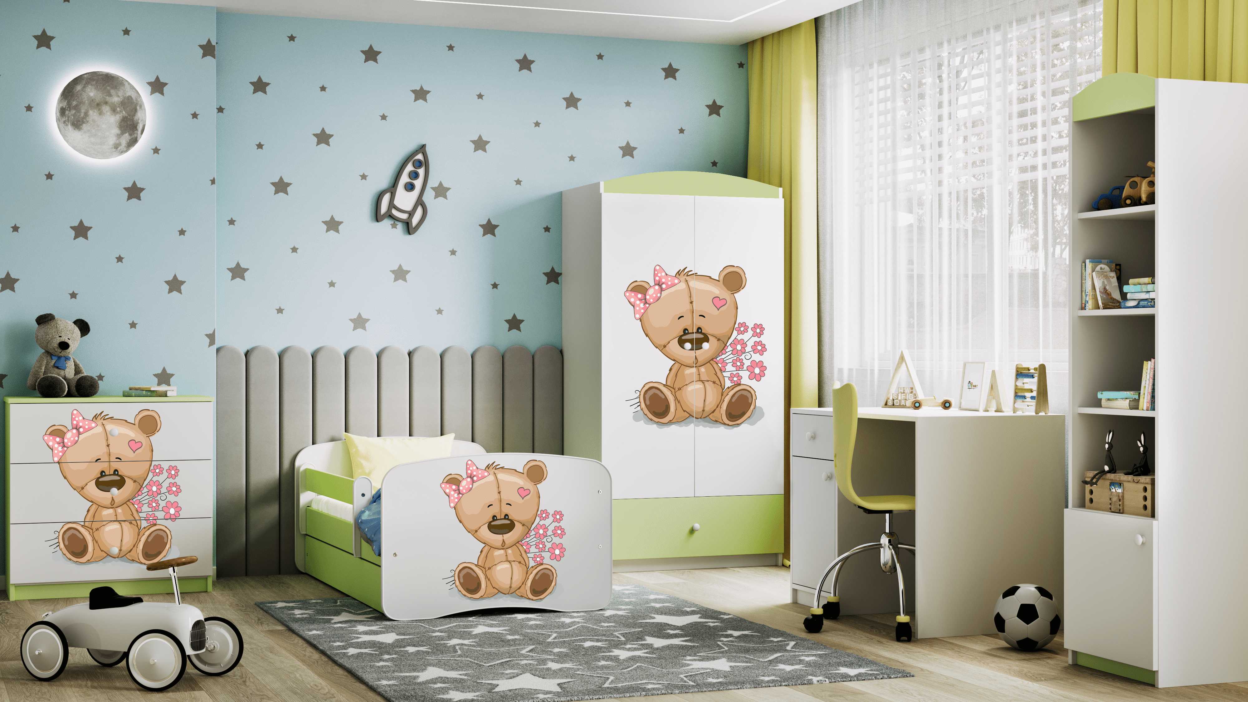 Lova Babydreams - Meškiukas su gėlėmis, žalia, 160x80, su stalčiumi