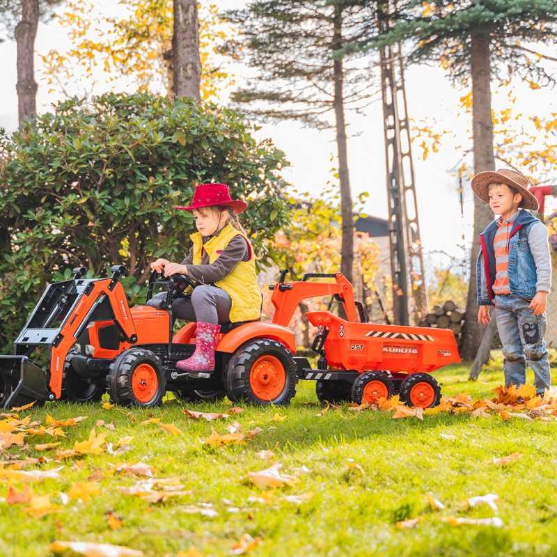 Didelis minamas traktorius su priekaba ir kastuvu - Falk Kubota, raudonas