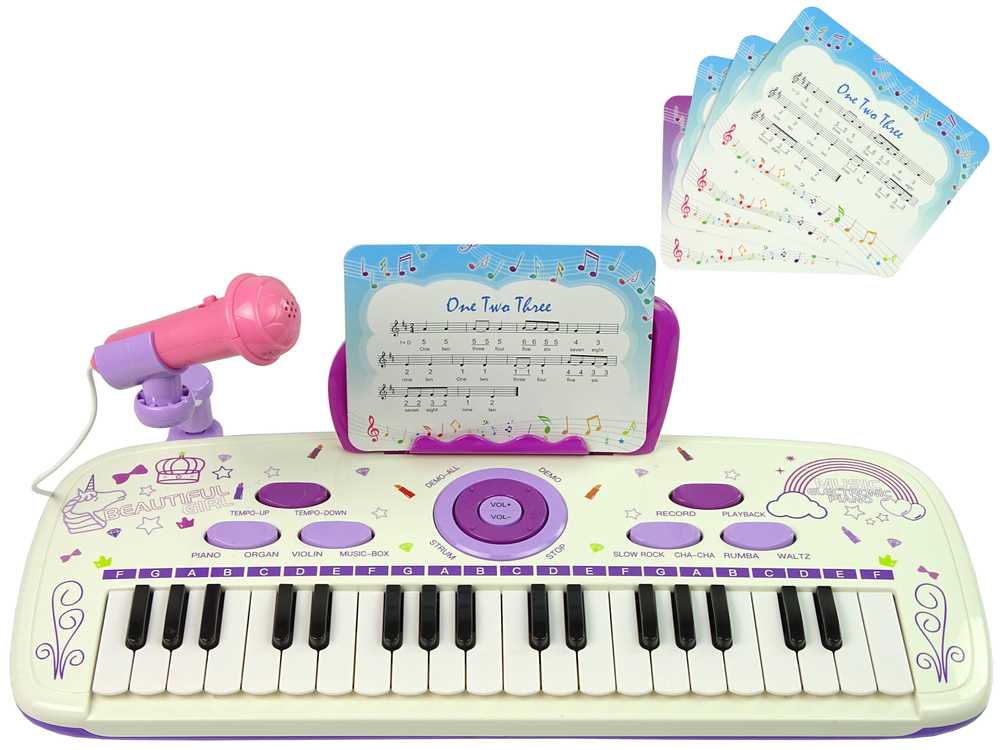 Elektrinis pianinas su kėdute ir mikrofonu, violetinis