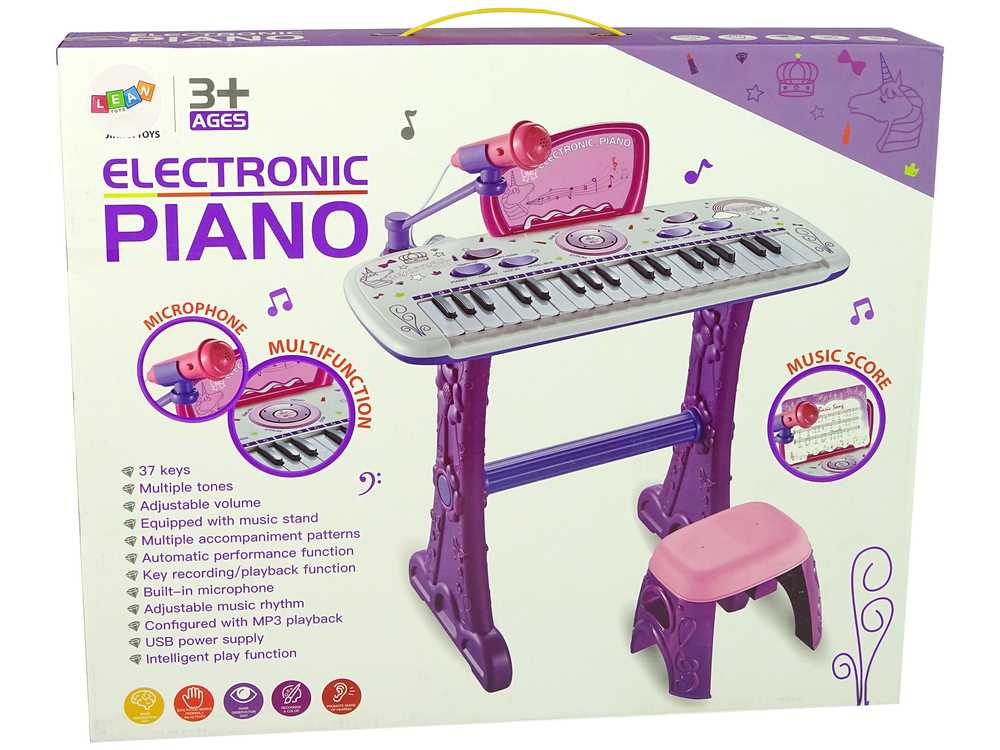 Elektrinis pianinas su kėdute ir mikrofonu, violetinis