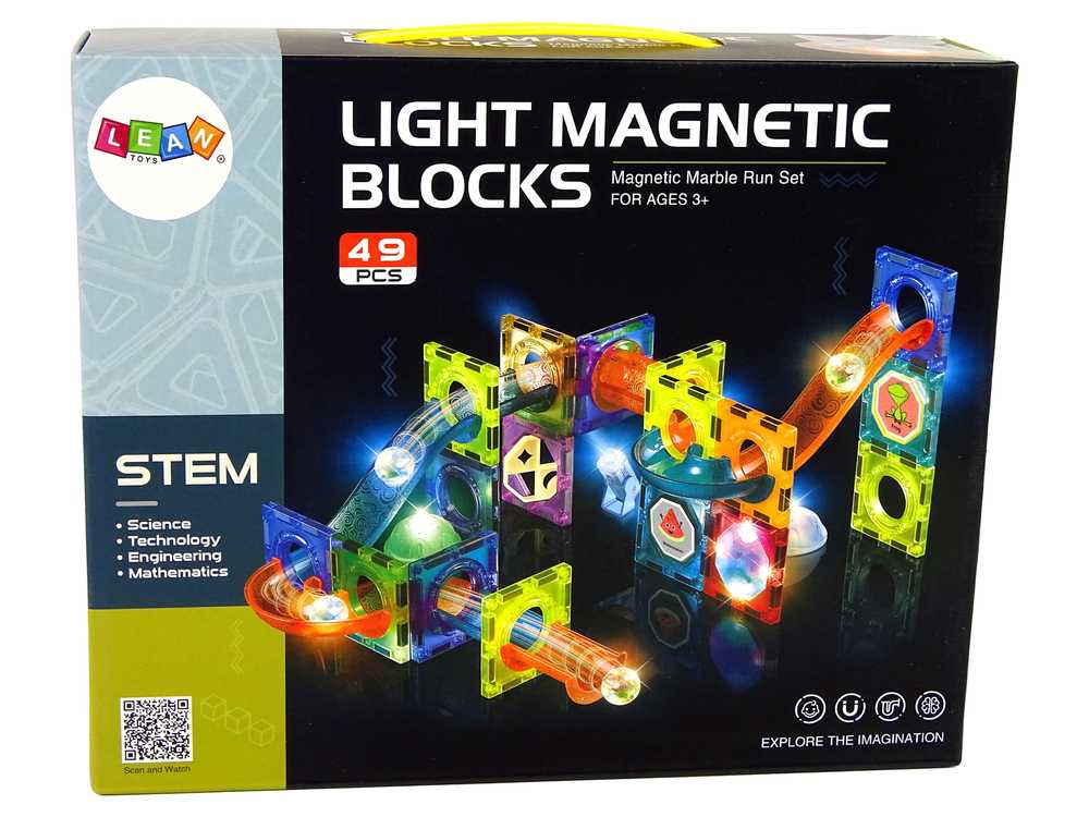 LIGHT MAGNETIC BLOCKS šviečiančių magnetinių kaladėlių rinkinys, 49 el.