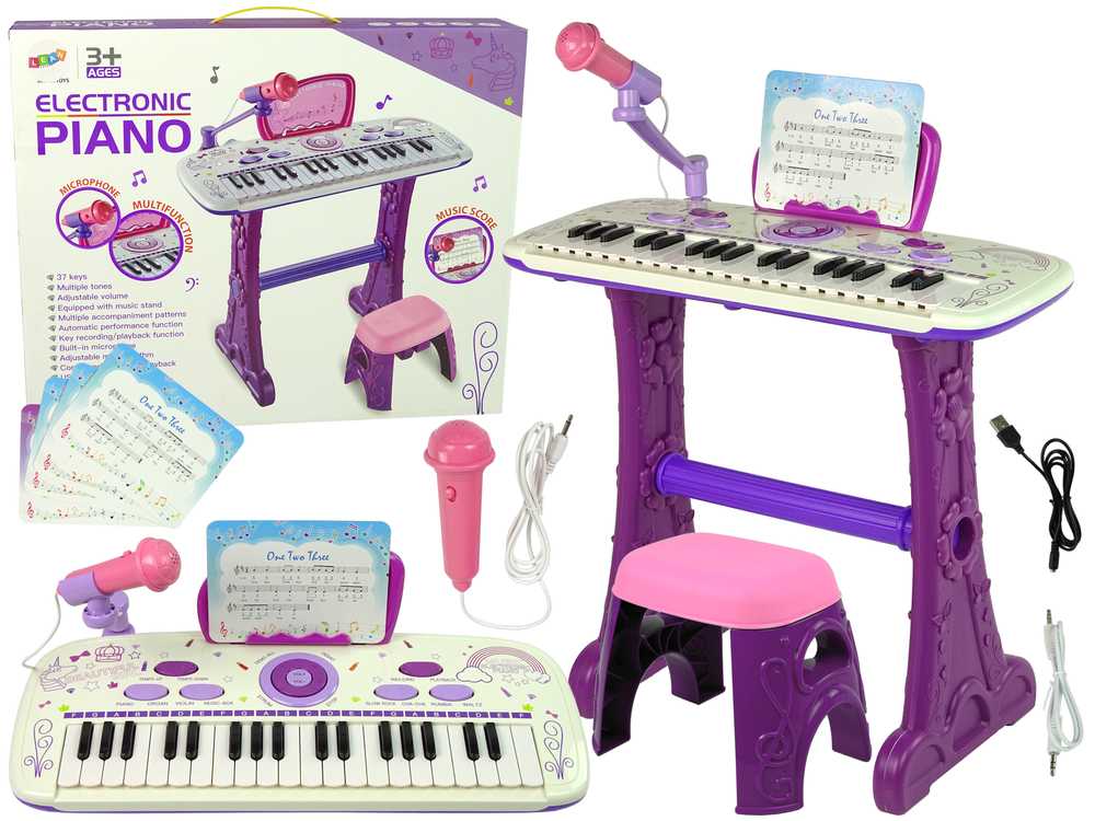 Elektrinis pianinas su kėdute ir mikrofonu, violetinis